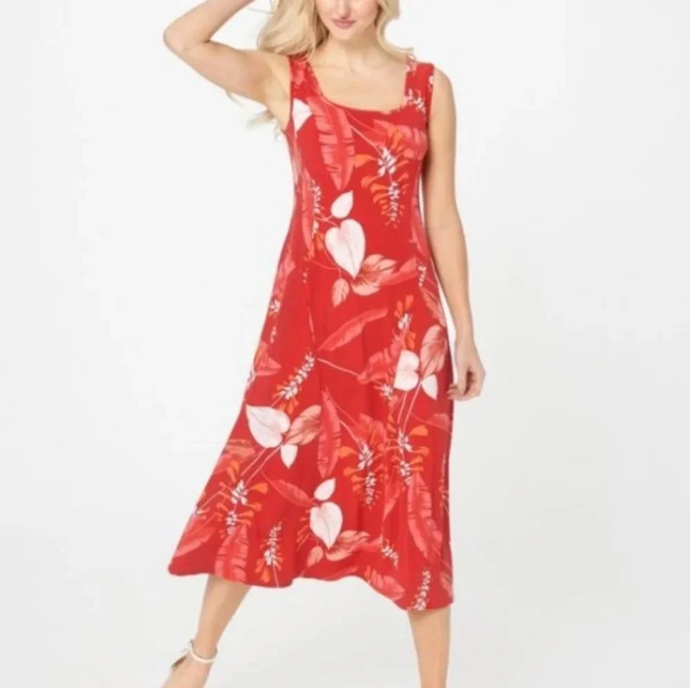 Susan Graver Liquid Knit sleeveless Midi Dress in Sunset Red